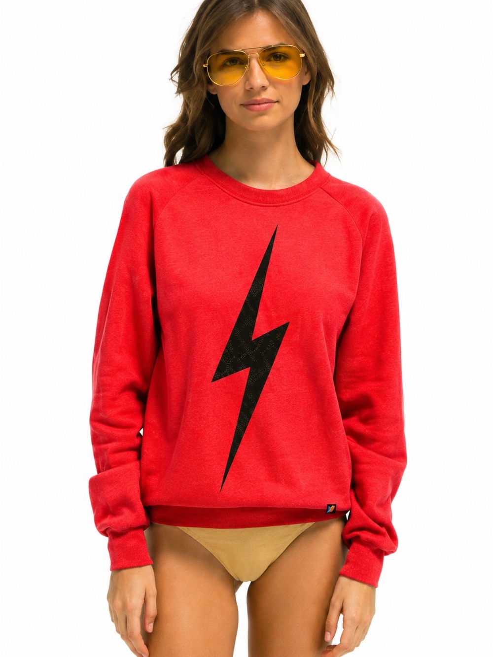 Aviator Nation Red Crewneck Sweatshirt with Black Lightning Bolt